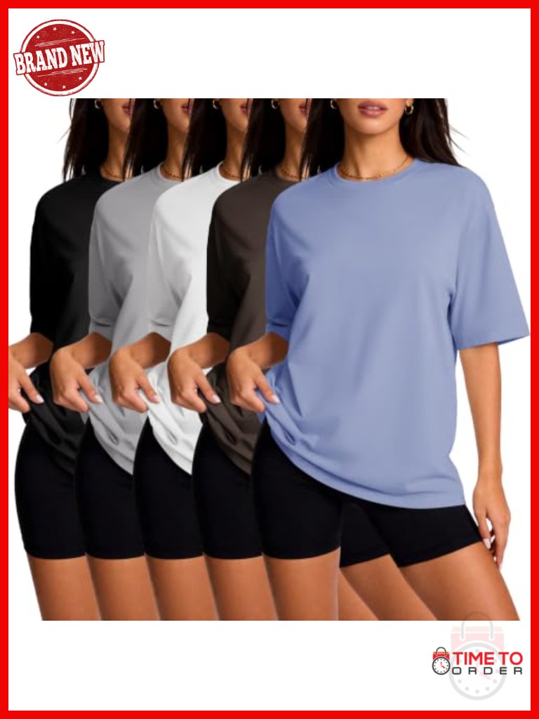 5 Pack Womens Oversized T Shirts Crew Neck Short Sleeve Loose Fit Basic Tees